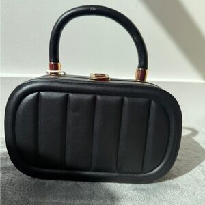 Vegan Leather Oval Black Quilted Bag with Gold Chain